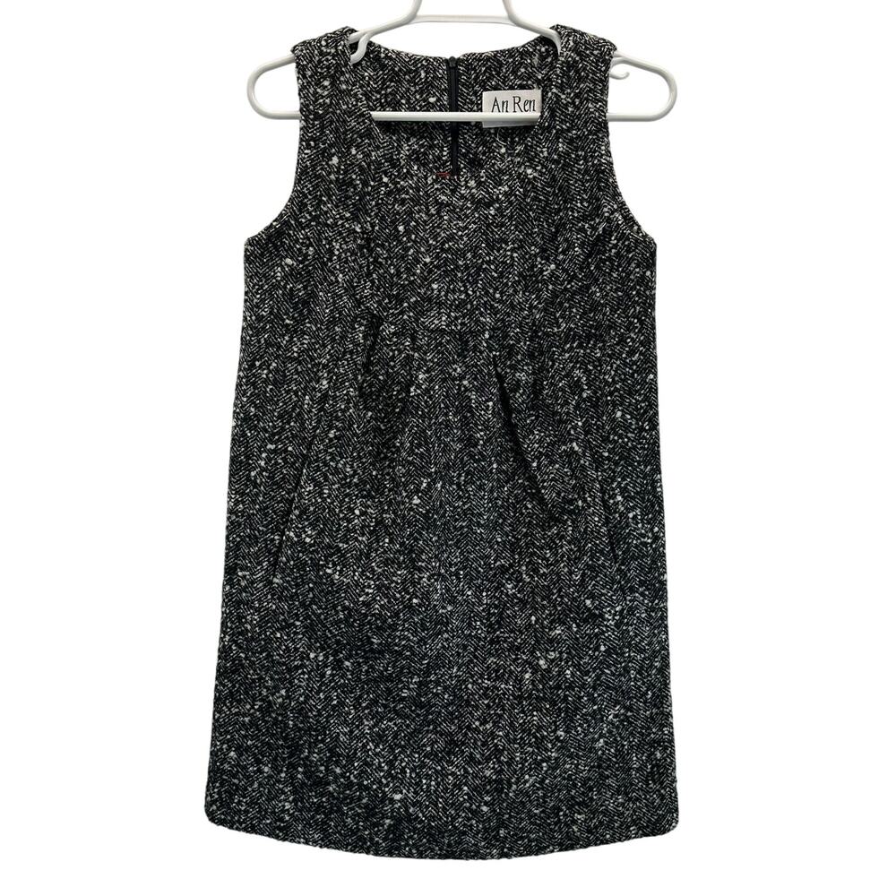 An Ren Black White Tweed Dress Babydoll Empire Waist Sheath Dress Small